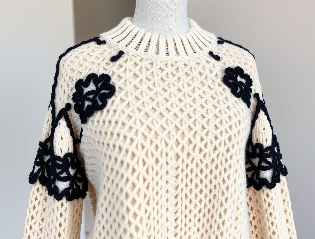 Cream open-knit sweater with navy floral appliqué