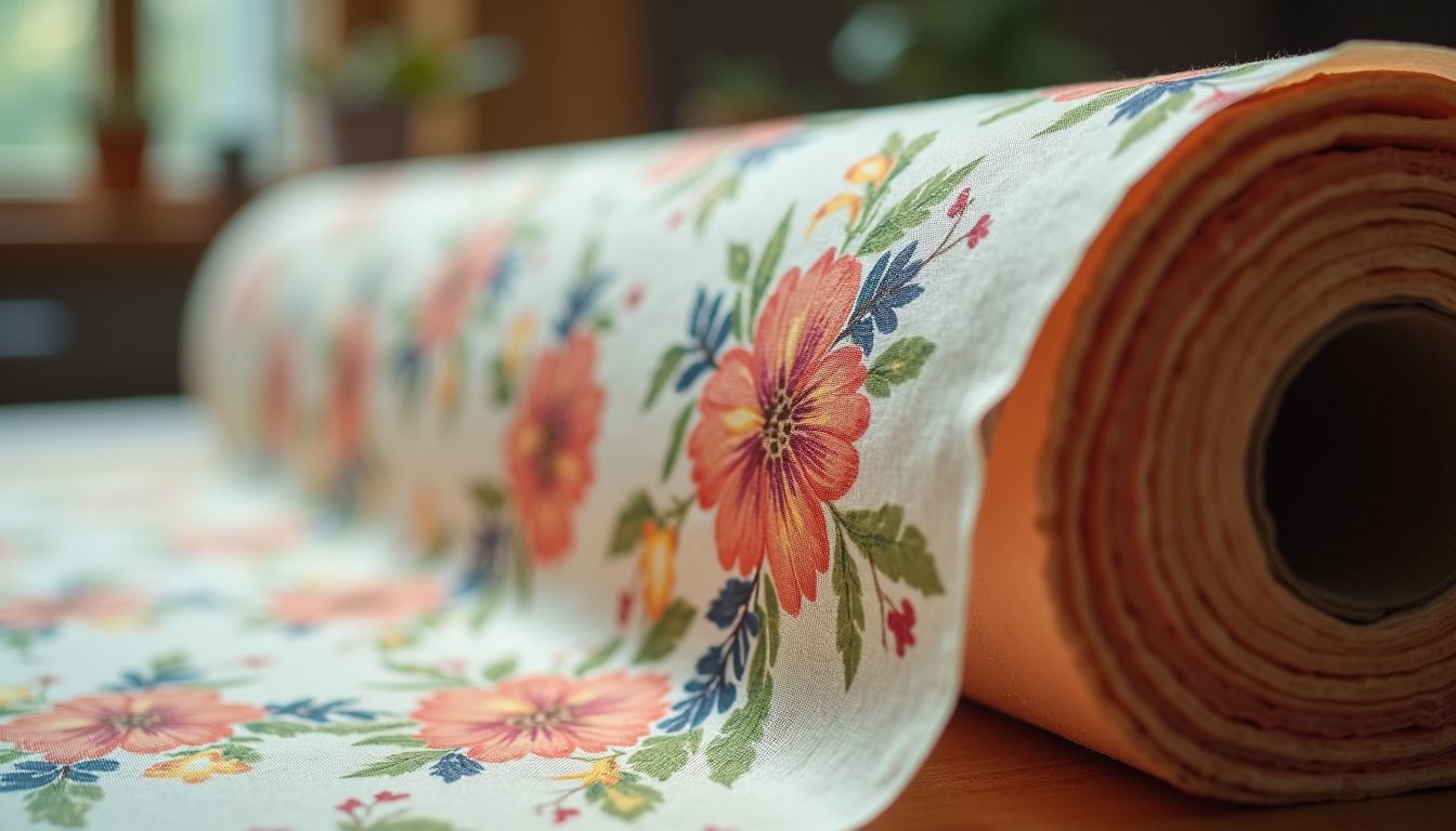 Eye-level view of fabric roll with bold floral print