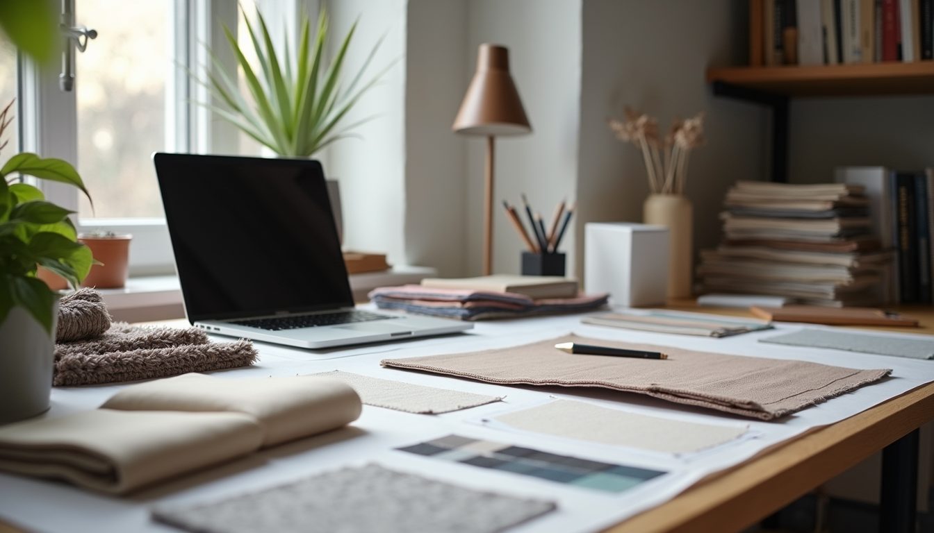 Eye-level view of a designer’s workspace with textile samples and digital tools